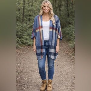Eclipse Blue and Red Plaid Open-Front Poncho